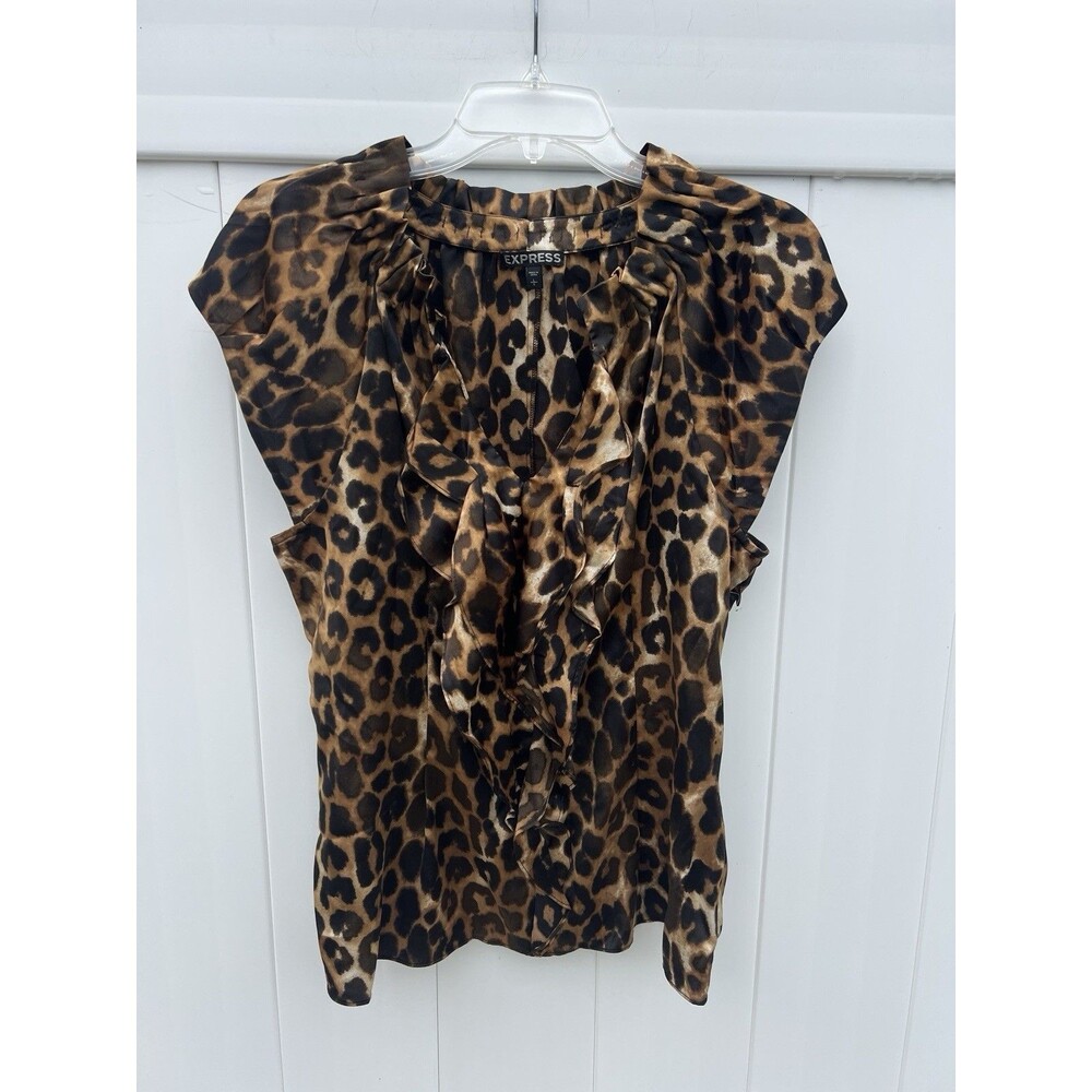 Express Leopard Print Silky Satin Top Women's Size Large Short Sleeve